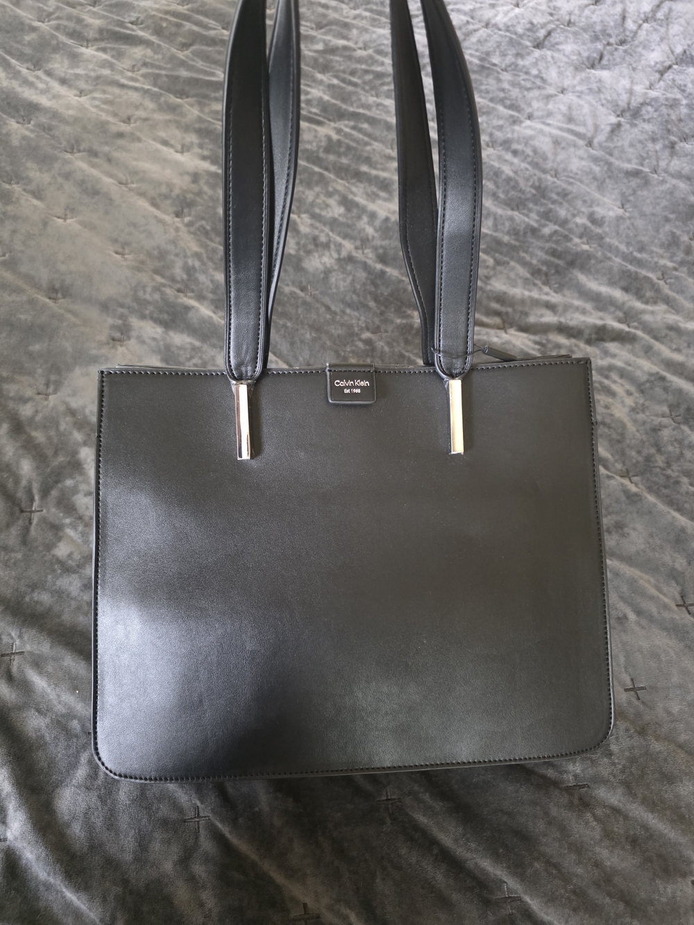 Calvin Klein Black Leather Tote with Silver Accents